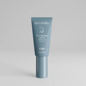 Grey blue one ounce bottle of Face Reality 11% l-mandelic serum product with acne-safe stamp standing alone on a light grey background.