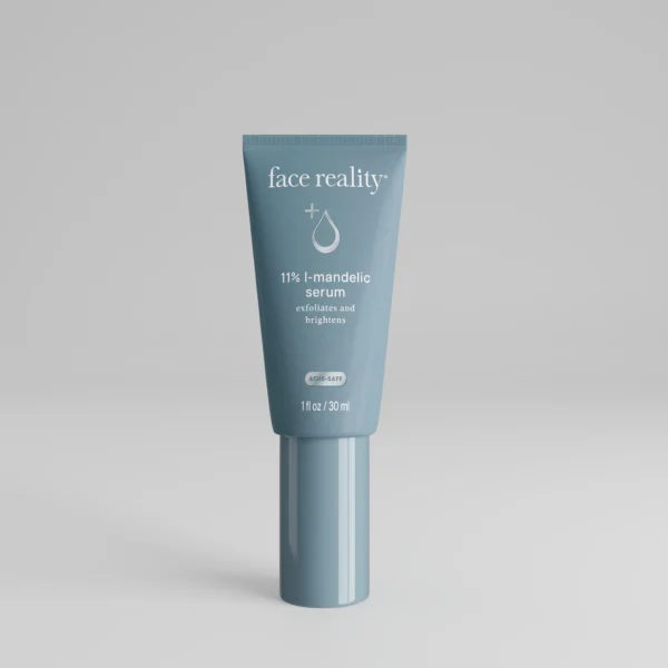 Grey blue one ounce bottle of Face Reality 11% l-mandelic serum product with acne-safe stamp standing alone on a light grey background.