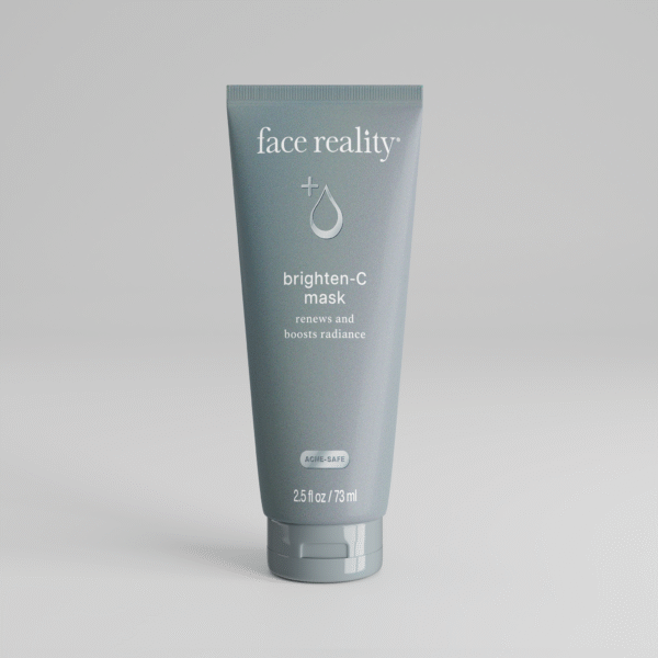 Grey 2 point 5 ounce bottle of Face Reality brighten-C mask product with acne-safe stamp on bottle standing alone on a light grey background.