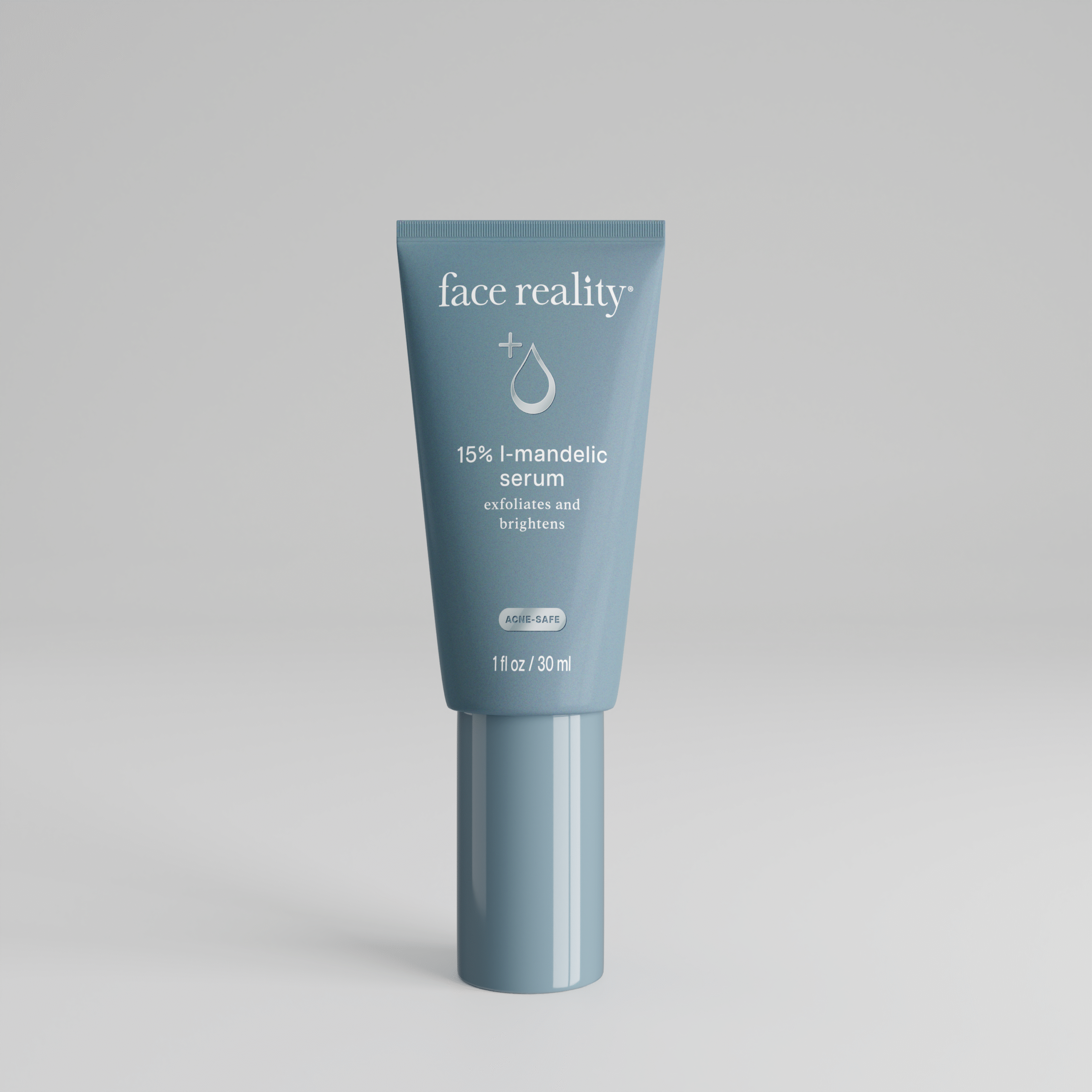 Grey blue one ounce bottle of Face Reality 15% l-mandelic serum product with acne-safe stamp standing alone on a light grey background.