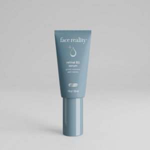 Grey blue one ounce bottle of Face Reality retinal B3 serum product with acne-safe stamp on bottle standing alone on a light grey background.