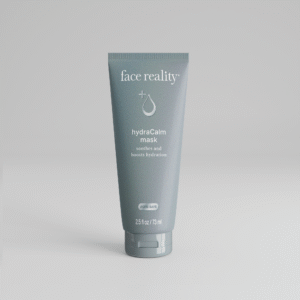 Grey 2 point 5 ounce bottle of Face Reality hydracalm mask product with acne-safe stamp on bottle standing alone on a light grey background.