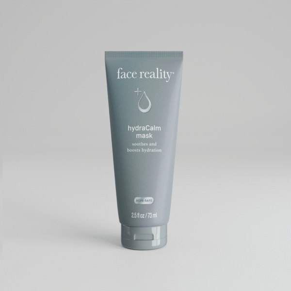 Grey 2 point 5 ounce bottle of Face Reality hydracalm mask product with acne-safe stamp on bottle standing alone on a light grey background.