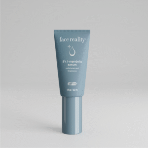 Grey blue one ounce bottle of Face Reality 8% l-mandelic serum product with acne-safe stamp standing alone on a light grey background.