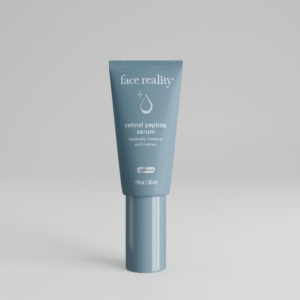 Grey blue one ounce bottle of Face Reality retinal peptide serum product with acne-safe stamp on bottle standing alone on a light grey background.