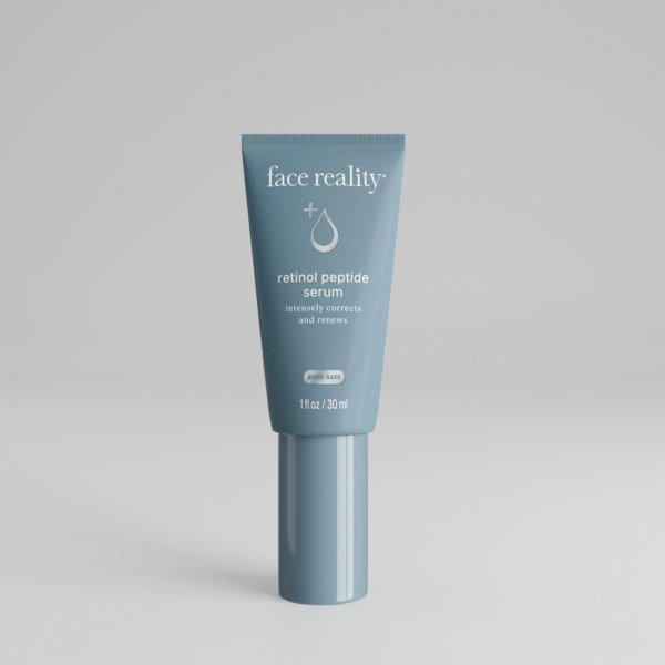 Grey blue one ounce bottle of Face Reality retinal peptide serum product with acne-safe stamp on bottle standing alone on a light grey background.