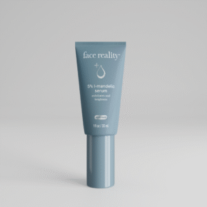 Grey blue one ounce bottle of Face Reality 5% l-mandelic serum product with acne-safe stamp standing alone on a light grey background.