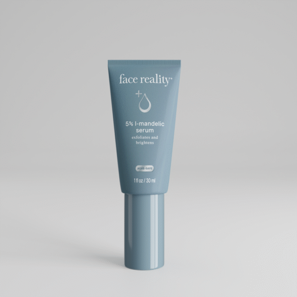 Grey blue one ounce bottle of Face Reality 5% l-mandelic serum product with acne-safe stamp standing alone on a light grey background.