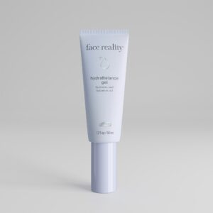 Light blue 1 point 7 ounce bottle of Face Reality hydrabalance gel product with acne-safe stamp standing alone on a light grey background.