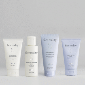 Bottles of Bundle Contents (4 products): 2 ounce Ultra gentle Cleanser, 2 oz Moisture Balance Toner, 2 oz clearderma moisturizer and 2 oz daily spf 30 plus.