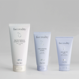 Bottles of Bundle Contents (3 products): 6 oz barrier balance creamy cleanser, 2 oz cran-peptide cream moisturizer, 2 oz daily spf 30 plus.