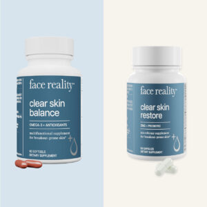 Face Reality clear skin balance supplements product on a light blue background to the left of Face Reality clear skin restore supplements product on a white background.