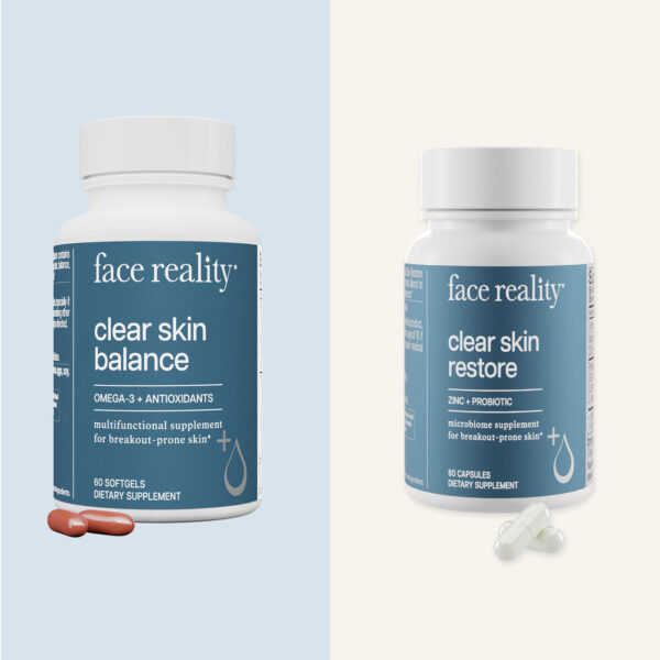 Face Reality clear skin balance supplements product on a light blue background to the left of Face Reality clear skin restore supplements product on a white background.